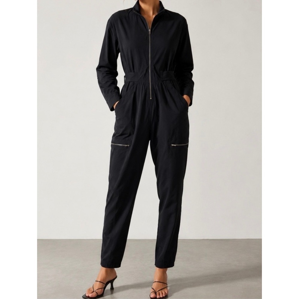 Athleta Lenox Jumpsuit Black Full Zip Long Sleeve Utility Flight Suit 0 566229